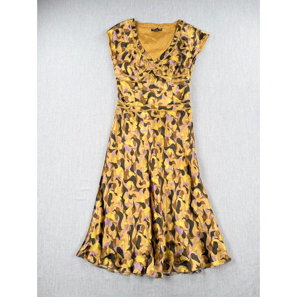 Club Monaco Yellow Abstract Print V-Neck Midi Dress Raw Edge Trim Size 2